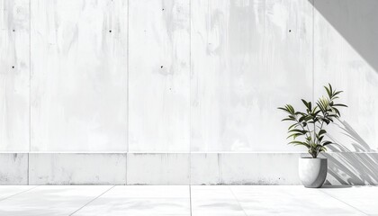Minimalist White Concrete Wall with Plant and Harsh Geometric Shadows