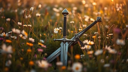 tolerable. Ancient sword half-buried in a flower-filled meadow under soft golden light. travel magazines, destination branding, designed for travel destination branding, used by procurement managers.