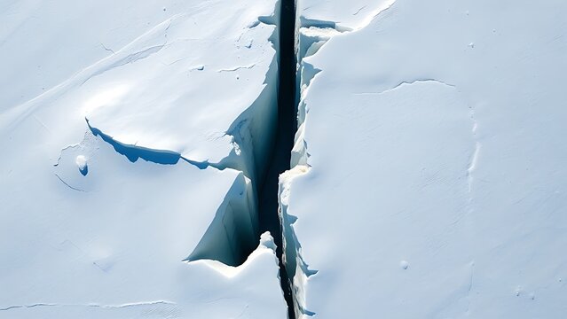 uriel. Aerial view of a deep lightning-shaped crack splitting a smooth glacier surface. travel magazines, destination branding, designed for travel destination branding, used by lab technicians.