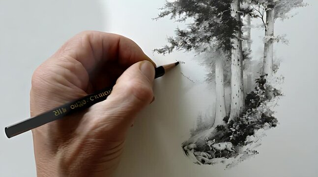 An artist's hand uses a pencil to create a highly detailed and realistic black and white drawing of a tranquil forest scene with deer