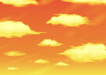夕焼け空に浮かぶ黄金色の雲の幻想的な背景・オレンジとイエローのグラデーションが美しい夕暮れの空