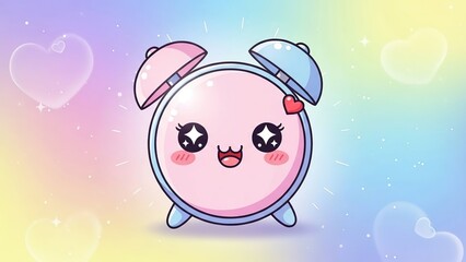 Adorable pink alarm clock mascot with blue cap and heart design in cheerful pastel gradient setting with sparkles and floating shapes