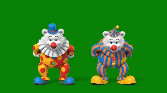 Two animated polar bear clowns dancing playfully with energetic movements in front of a vivid green screen fantasy cartoon style smooth animation high quality production colorful costumes no noise

