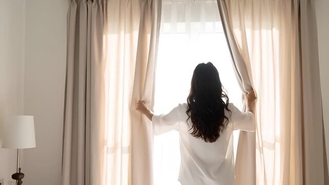 明るい寝室で、人物がカーテンを開け朝の自然光を取り込む後ろ姿を捉えた映像です。
柔らかな日差しと白を基調としたミニマルな空間が、穏やかな雰囲気を演出します。
画面に余白があり、テキスト配置を想定した構図です。