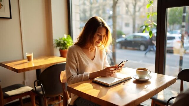 自然光が差し込む都市型カフェで、テーブル越しにスマートフォンを操作する人物の手元を捉えた映像です。
コーヒーカップとノートが並び、落ち着いた色合いと柔らかな光が日常感を演出します。
現代のワークスタイルやリラックスタイム、情報収集のシーンを想定しています。