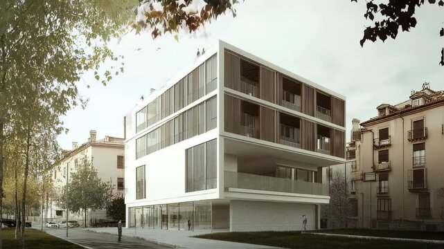 Architectural rendering of a modern building with a unique design