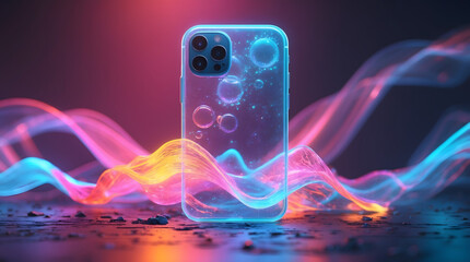 Futuristic Transparent Smartphone Concept with Glowing Neon Circuitry and Holographic Display