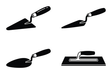 Illustration of four different trowels, construction tools, in black and white. Building tools for cement and bricklaying.