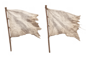Tattered dirty white flags waving on wooden poles showing surrender, peace, truce, and defeat, isolated with transparent background