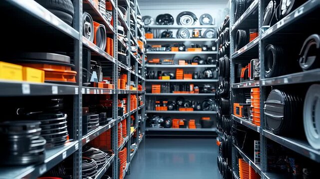 Warehouse of Automotive Parts: Rows of Shelves Stocked with Various Components