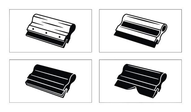 Illustration of four screen printing squeegees in different styles. Black and white vector graphic.