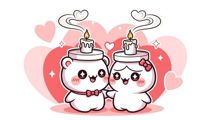 Naklejka premium Adorable animated milk bottles celebrating with lit candles and hearts in a romantic pink Valentine theme illustration
