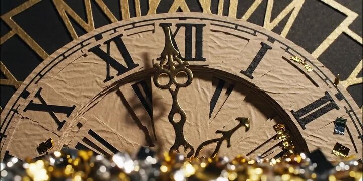 close up of vintage clock face with roman numerals counting down to midnight with falling gold and silver confetti new year celebration concept dramatic lighting