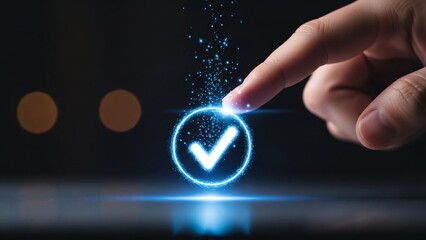 Close-up of a hand pressing a digital checkmark icon with glowing effects representing verification or approval process in a high-tech environment
