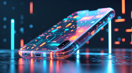 Futuristic Transparent Smartphone Concept with Glowing Neon Circuitry and Holographic Display