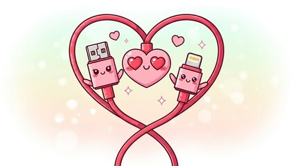 Adorable pink robot couple with USB arms embracing a glowing heart symbolizing love and technology connection
