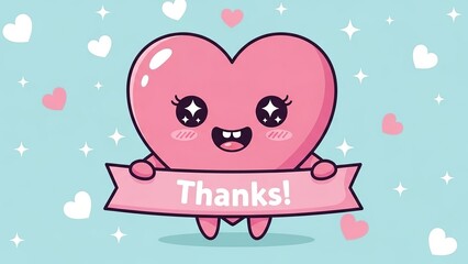 Cheerful animated heart character with arms and legs holding a gratitude sign in a vibrant teal setting with floating hearts