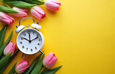 White alarm clock with pink tulips on yellow background. Time change concept, spring season reminder for daylight saving. Fresh flowers, retro timepiece. Fresh blooms signal new beginnings, waking up