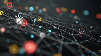 Dynamic digital network with glowing nodes and lines, illustrating data flow, global connections, and advanced technological infrastructure - Powered by Adobe