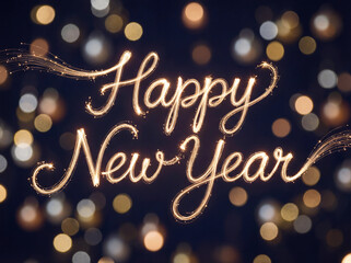 Sparkling Happy New Year message with festive bokeh lights