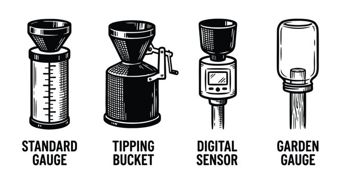 Illustrations rain gauge types: standard gauge, tipping bucket, digital sensor, garden gauge black and white drawings.