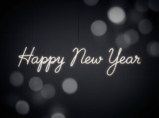 Happy New Year neon sign illuminates dark background with bokeh lights
