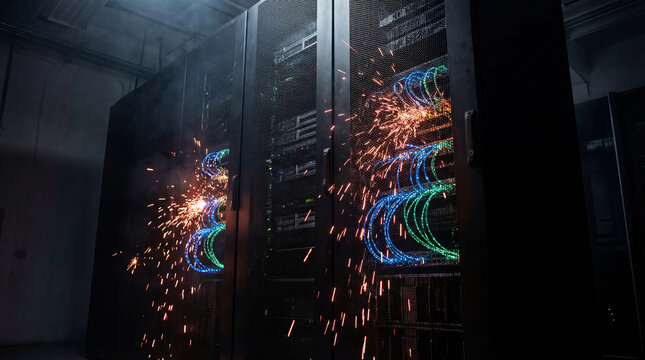 Colorful energy sparks emanate from server racks in darkness - Powered by Adobe