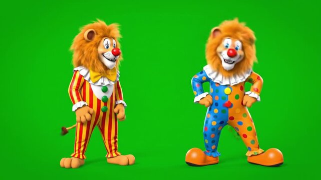 Two animated lion clowns dancing playfully with energetic movements in front of a vivid green screen fantasy cartoon style smooth animation high quality production colorful costumes no noise
