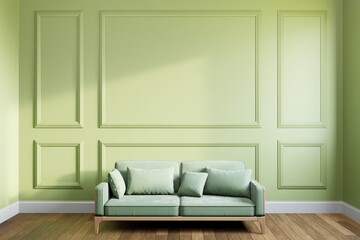 Fototapeta premium sofa and decor in Living room, empty green sage panelling wall background, classical design, wooden floor. Mock up, 3D rendering.