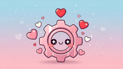 Cute smiling pink gear with hearts and sparkles symbolizing love, teamwork, and positive emotions in a cheerful design