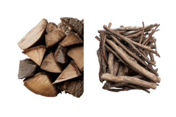 Two piles of wood, split logs on left, thin sticks on right