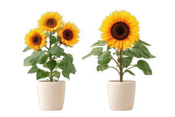 Obraz premium Two potted plants showcasing bright yellow sunflowers with green foliage