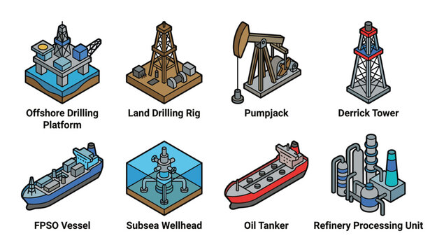 Isometric icons of the oil and gas industry, including drilling platforms, tankers, and processing units.