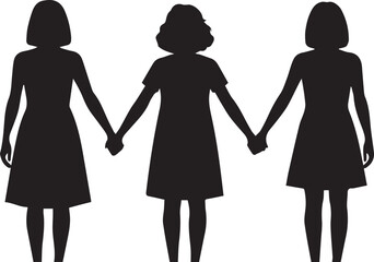 Three silhouette girls holding hands in unity and friendship