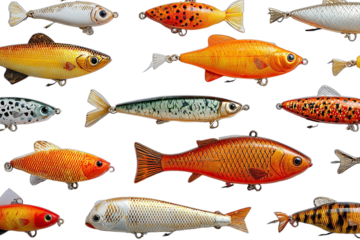 A collection of realistic, varied artificial fish lures on a black background