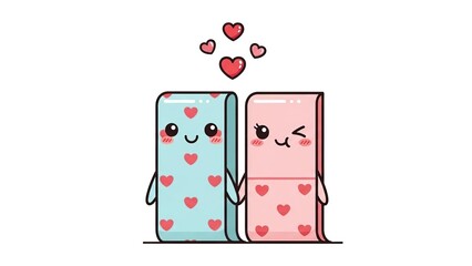 Cute pair of colorful cartoon mobile phones with smiling faces and floating love hearts in pastel teal and pink tones