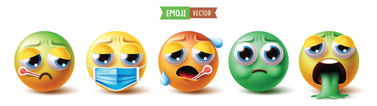 Emoji fever emoticon character clipart set. Sick Emojis clip art with cold, headache, nauseous, vomit, unwell and flu emoji symbol mood off collection vector illustration.

