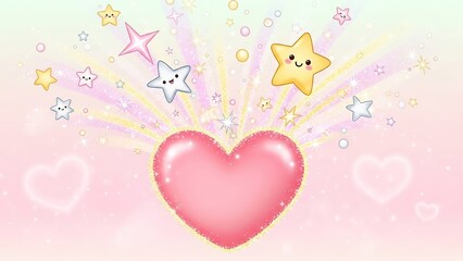 Glossy pink heart surrounded by cheerful stars and sparkling pastel elements for love and celebration themes