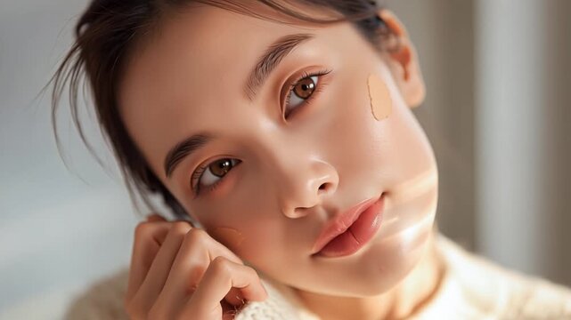肌にファンデーションを塗る若い女性のクローズアップ