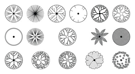 Landscape design symbols featuring different tree plan top views in a simple and modern vector style.