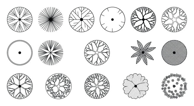 Landscape design symbols featuring different tree plan top views in a simple and modern vector style.