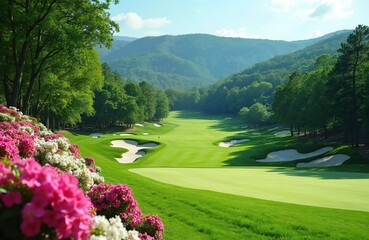 Green golf course fairway bordered by rich trees and vibrant pink and white azalea bushes. Mountains form scenic background under bright blue sky. Pristine nature setting for sport.