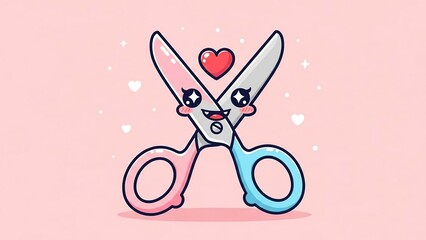 Cute animated scissors with a cheerful expression holding a red love heart symbolizing creativity and affection