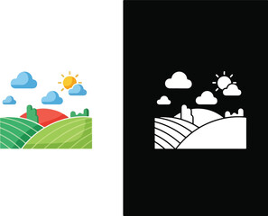 Fototapeta premium Landscape Icon: A minimalist landscape illustration. Featuring rolling hills, vibrant fields, fluffy clouds, and a cheerful sun. Capturing a sense of nature's beauty and tranquility.