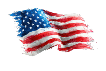 A painterly, distressed American flag waving vibrantly against a black background