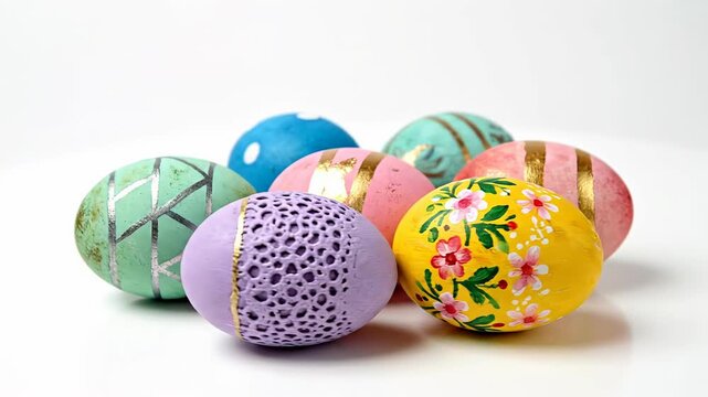 A close-up shot captures a vibrant collection of decorative eggs, each meticulously adorned with unique designs and a rich palette of colors. Featuring floral motifs, geometric lines, delicate polka d