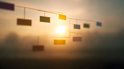 Abstract organizational chart nodes connected against a misty sunset