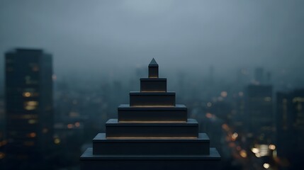 A modern stepped pyramid structure glows on a foggy city skyline at twilight