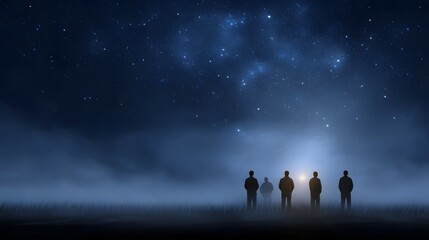 Fototapeta premium A group of silhouetted figures stand on a misty field gazing at a starry night sky illuminated by a distant bright light