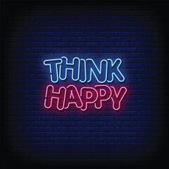 Obraz premium think happy neon signboard with brick wall background vector
